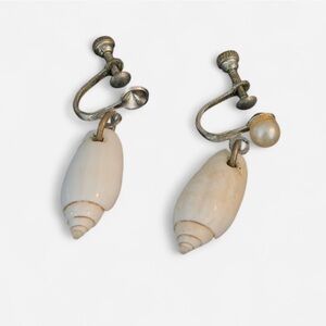Vintage Shell Dangle Screw-Back Earrings, Mid-Century Coastal Style w/ Pearl